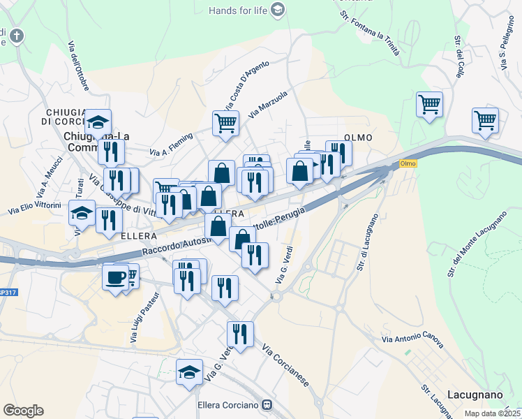 map of restaurants, bars, coffee shops, grocery stores, and more near 49 Via Antonio Gramsci in Provincia di Perugia