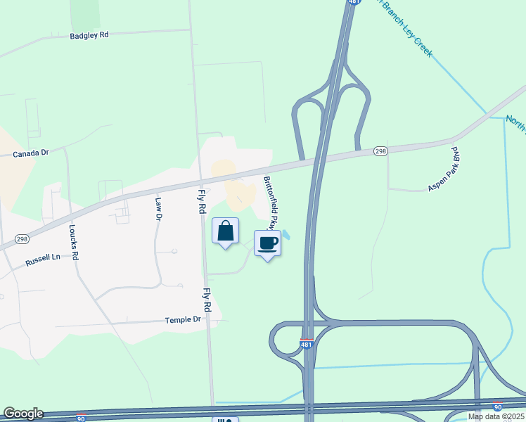 map of restaurants, bars, coffee shops, grocery stores, and more near 5001 Brittonfield Parkway in East Syracuse
