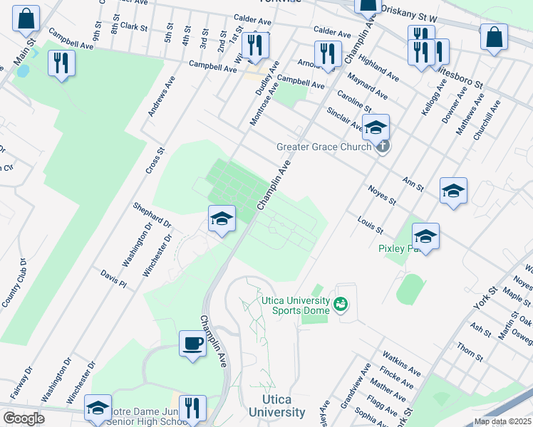 map of restaurants, bars, coffee shops, grocery stores, and more near 1501 Champlin Avenue in Utica