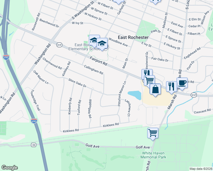 map of restaurants, bars, coffee shops, grocery stores, and more near 55 Callingham Road in Pittsford