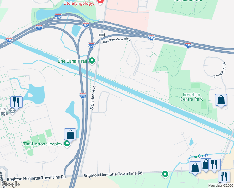 map of restaurants, bars, coffee shops, grocery stores, and more near 129 Brightwoods Lane in Rochester