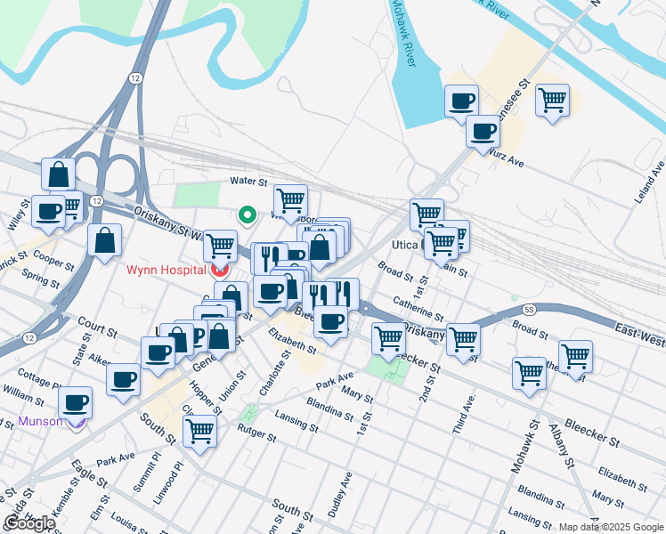map of restaurants, bars, coffee shops, grocery stores, and more near 100 Genesee Street in Utica