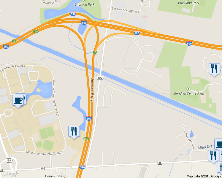 map of restaurants, bars, coffee shops, grocery stores, and more near 99 Brightwoods Lane in Rochester