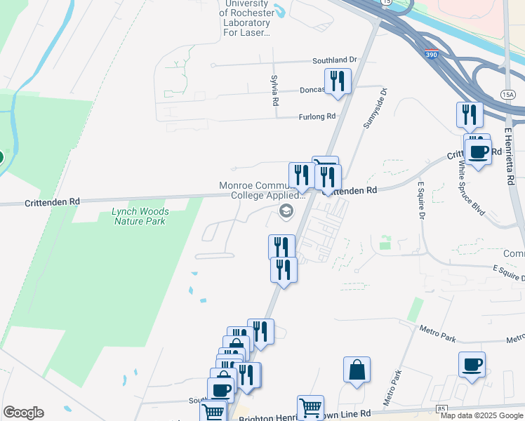 map of restaurants, bars, coffee shops, grocery stores, and more near 1595 Crittenden Road in Rochester