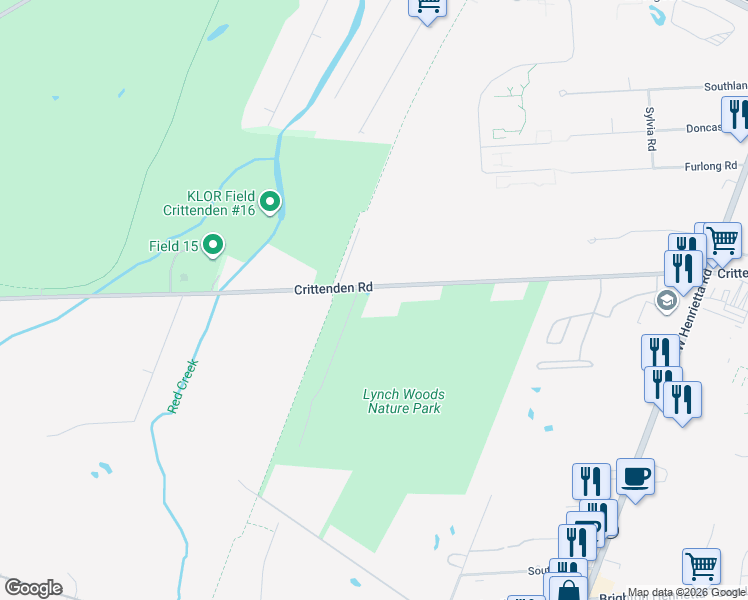 map of restaurants, bars, coffee shops, grocery stores, and more near 1200 Crittenden Road in Rochester