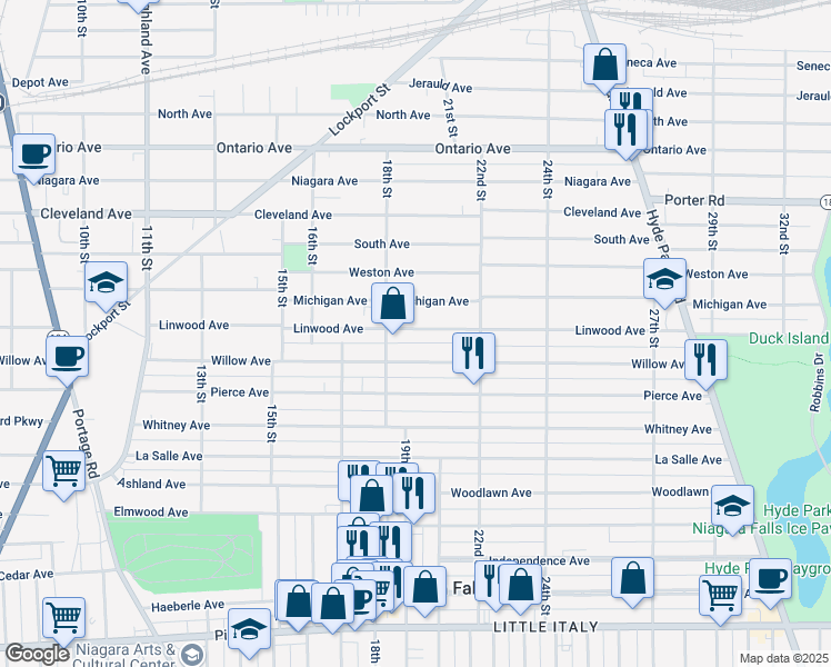 map of restaurants, bars, coffee shops, grocery stores, and more near 1843 Michigan Avenue in Niagara Falls