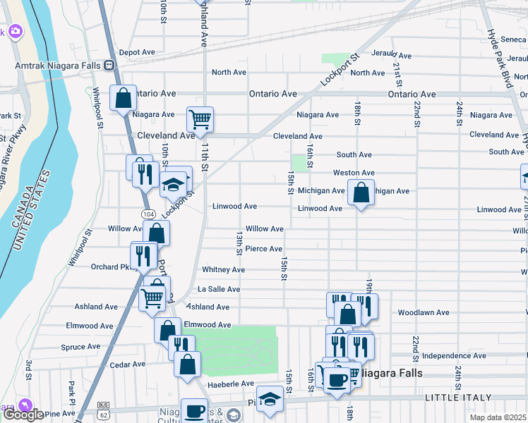 map of restaurants, bars, coffee shops, grocery stores, and more near 1330 Linwood Avenue in Niagara Falls