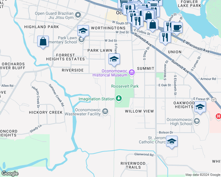 map of restaurants, bars, coffee shops, grocery stores, and more near 603 South Worthington Street in Oconomowoc