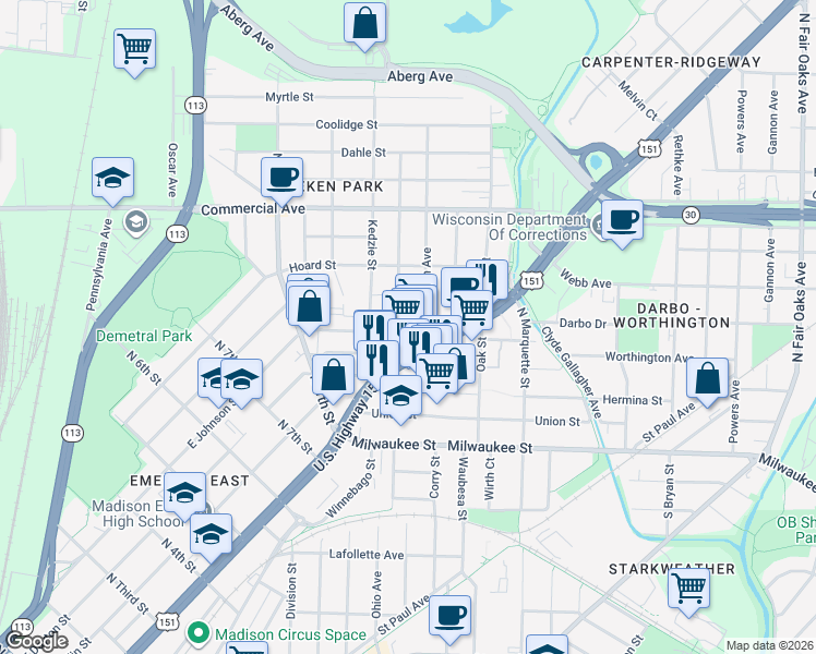 map of restaurants, bars, coffee shops, grocery stores, and more near 317 Pawling Street in Madison