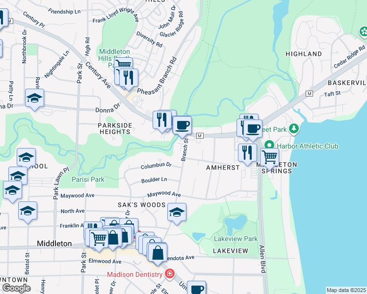 map of restaurants, bars, coffee shops, grocery stores, and more near 2644 Branch Street in Middleton