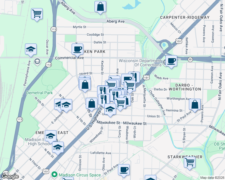 map of restaurants, bars, coffee shops, grocery stores, and more near 317 Pawling Street in Madison