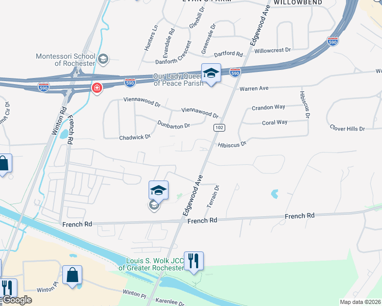 map of restaurants, bars, coffee shops, grocery stores, and more near 123 Wintergreen Way in Rochester
