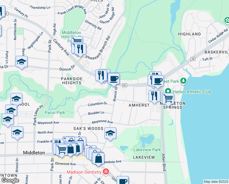 map of restaurants, bars, coffee shops, grocery stores, and more near 2644 Branch Street in Middleton