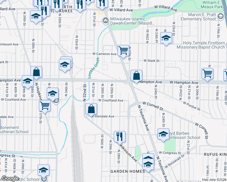 map of restaurants, bars, coffee shops, grocery stores, and more near 4742 North 29th Street in Milwaukee
