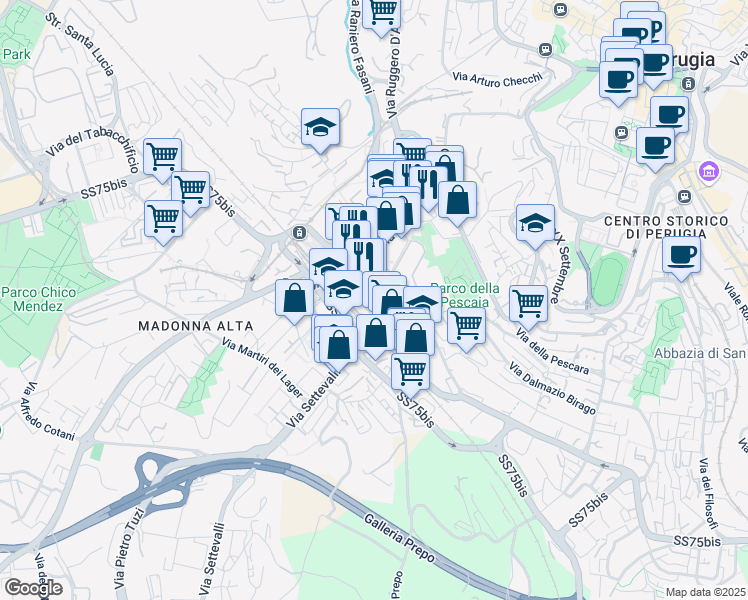 map of restaurants, bars, coffee shops, grocery stores, and more near 8 Via Luigi Canali in Perugia