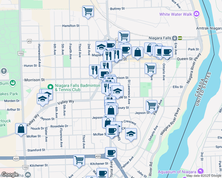 map of restaurants, bars, coffee shops, grocery stores, and more near 4880 Victoria Avenue in Niagara Falls