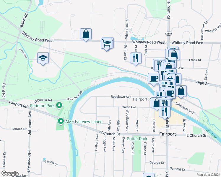 map of restaurants, bars, coffee shops, grocery stores, and more near 29 Packet Boat Drive in Fairport