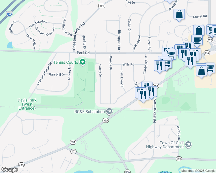 map of restaurants, bars, coffee shops, grocery stores, and more near 26 Omega Drive in Rochester