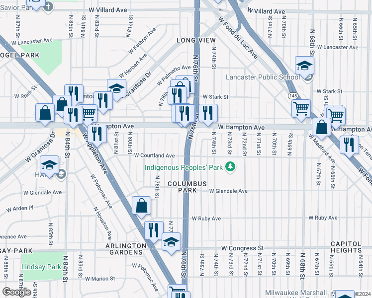 map of restaurants, bars, coffee shops, grocery stores, and more near 4738 North 76th Street in Milwaukee