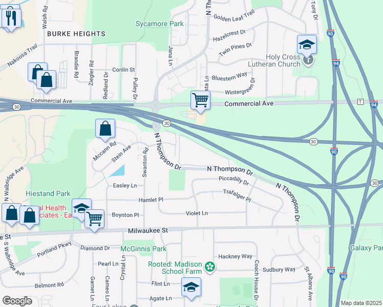 map of restaurants, bars, coffee shops, grocery stores, and more near 245 North Thompson Drive in Madison