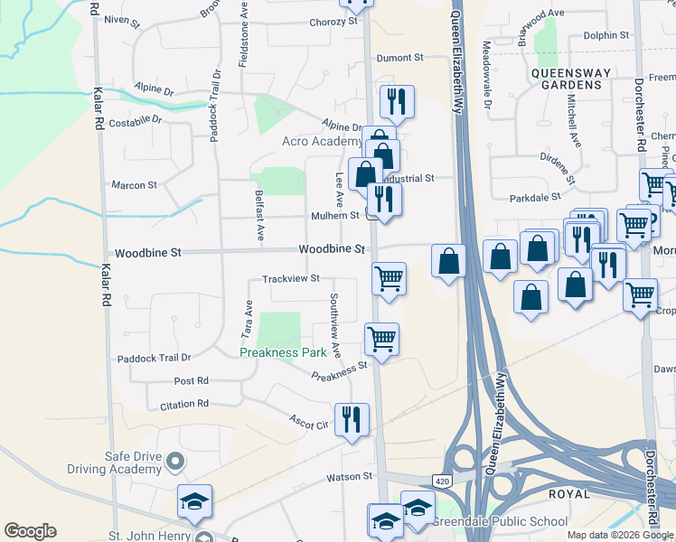 map of restaurants, bars, coffee shops, grocery stores, and more near 7720 Woodbine Street in Niagara Falls