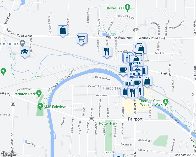 map of restaurants, bars, coffee shops, grocery stores, and more near 11 Packet Boat Drive in Fairport