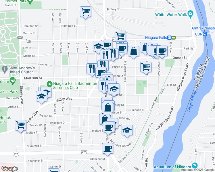 map of restaurants, bars, coffee shops, grocery stores, and more near 4872 Victoria Avenue in Niagara Falls