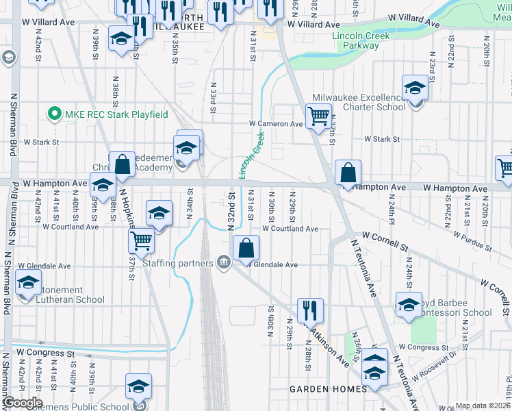 map of restaurants, bars, coffee shops, grocery stores, and more near 4771 North 30th Street in Milwaukee