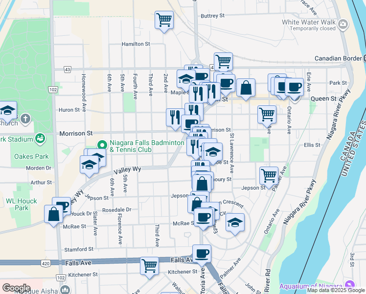 map of restaurants, bars, coffee shops, grocery stores, and more near 4872 Valley Way in Niagara Falls