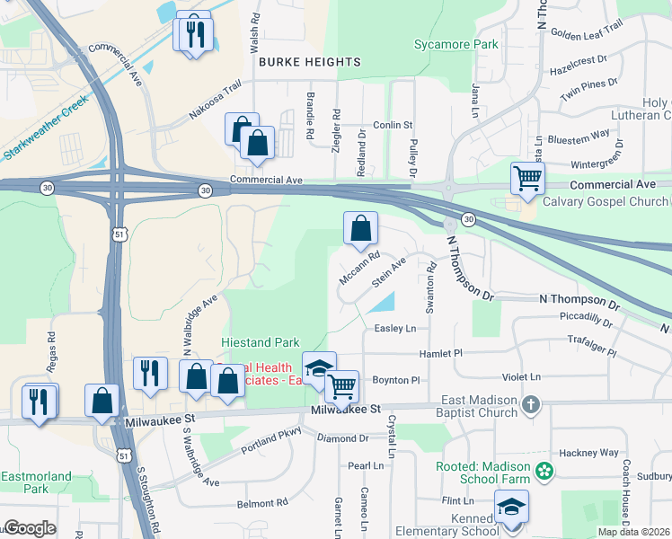 map of restaurants, bars, coffee shops, grocery stores, and more near 9 Esther Court in Madison