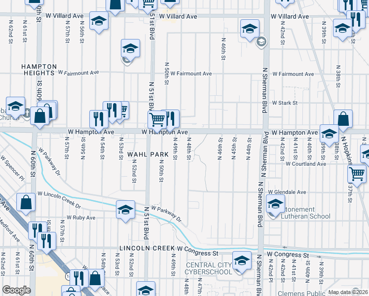 map of restaurants, bars, coffee shops, grocery stores, and more near 4765 North 48th Street in Milwaukee