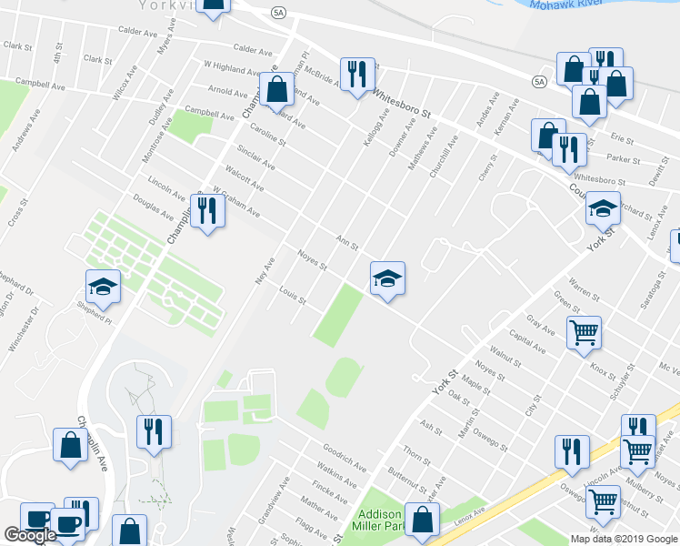 map of restaurants, bars, coffee shops, grocery stores, and more near 2000 Noyes Street in Utica