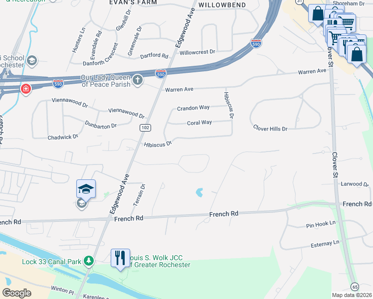 map of restaurants, bars, coffee shops, grocery stores, and more near 90 Hibiscus Drive in Rochester