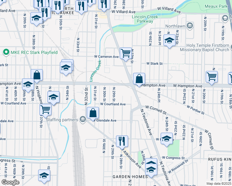 map of restaurants, bars, coffee shops, grocery stores, and more near 4769 North 29th Street in Milwaukee