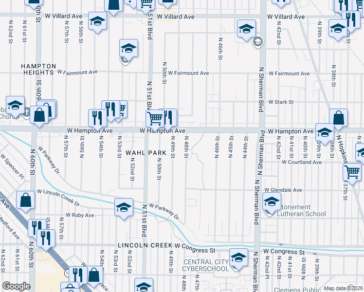 map of restaurants, bars, coffee shops, grocery stores, and more near 4765 North 48th Street in Milwaukee