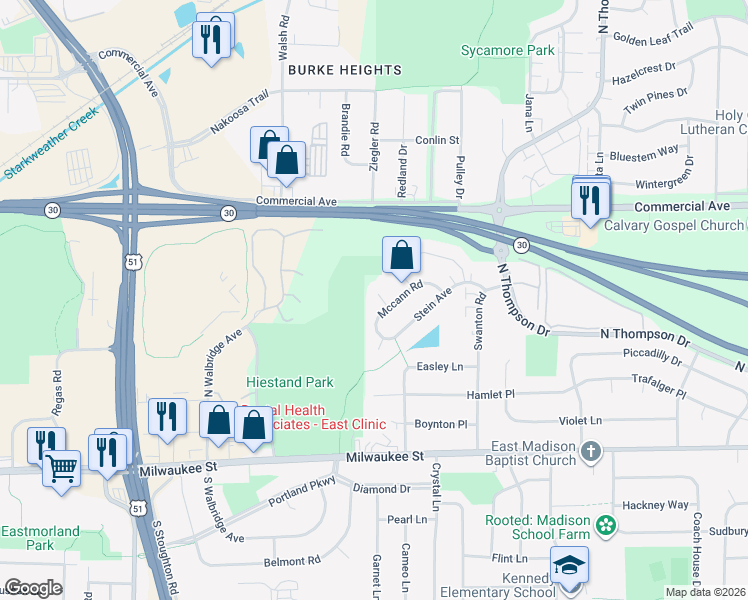 map of restaurants, bars, coffee shops, grocery stores, and more near 9 Esther Court in Madison