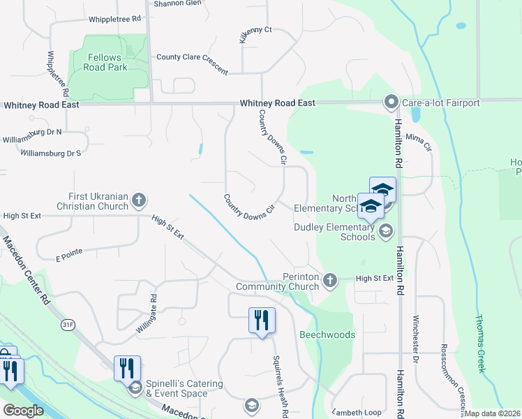 map of restaurants, bars, coffee shops, grocery stores, and more near 22 Foxpointe Circle in Fairport
