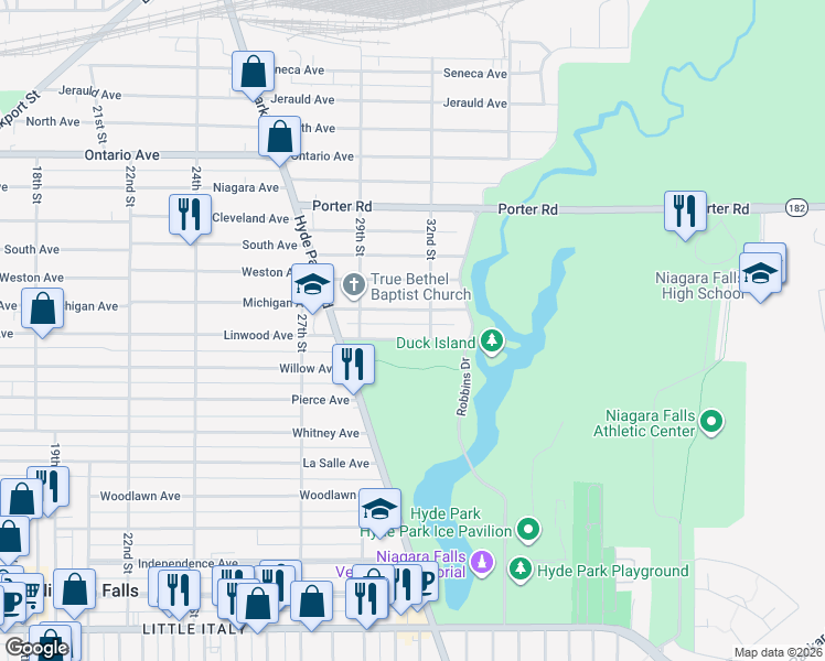 map of restaurants, bars, coffee shops, grocery stores, and more near 2965 Michigan Avenue in Niagara Falls