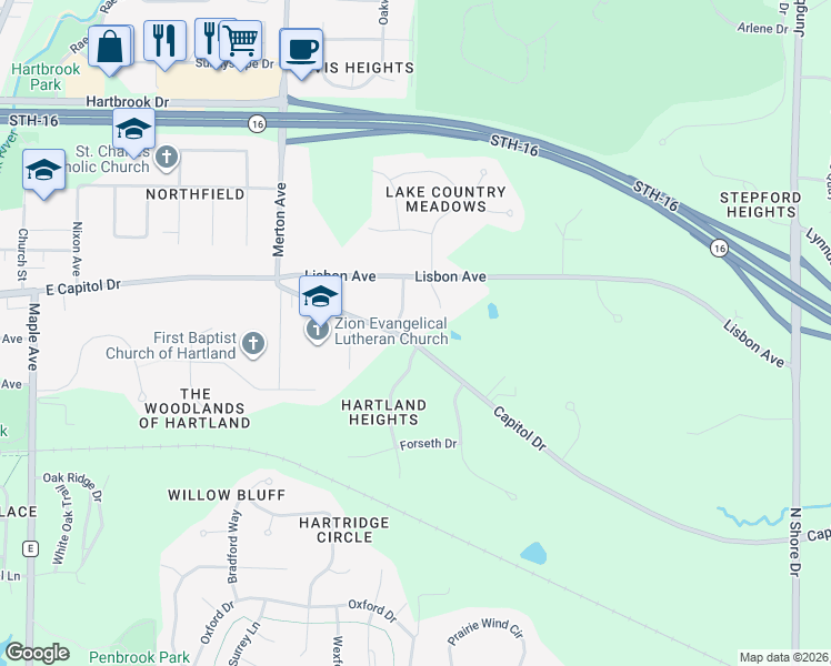 map of restaurants, bars, coffee shops, grocery stores, and more near 107 Blue Ridge Court in Hartland