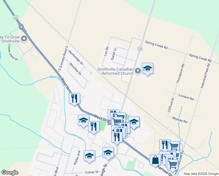 map of restaurants, bars, coffee shops, grocery stores, and more near 48 Swayze Court in Smithville