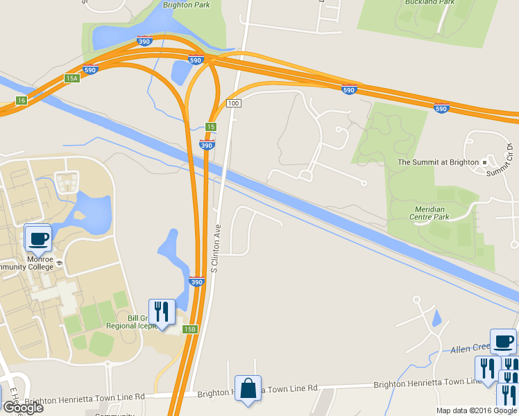 map of restaurants, bars, coffee shops, grocery stores, and more near 129 Brightwoods Lane in Rochester