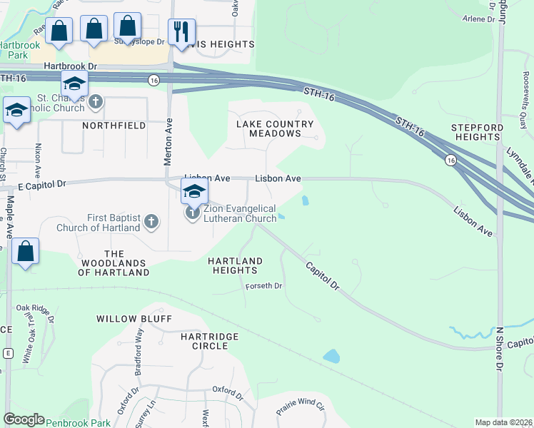 map of restaurants, bars, coffee shops, grocery stores, and more near 107 Blue Ridge Court in Hartland