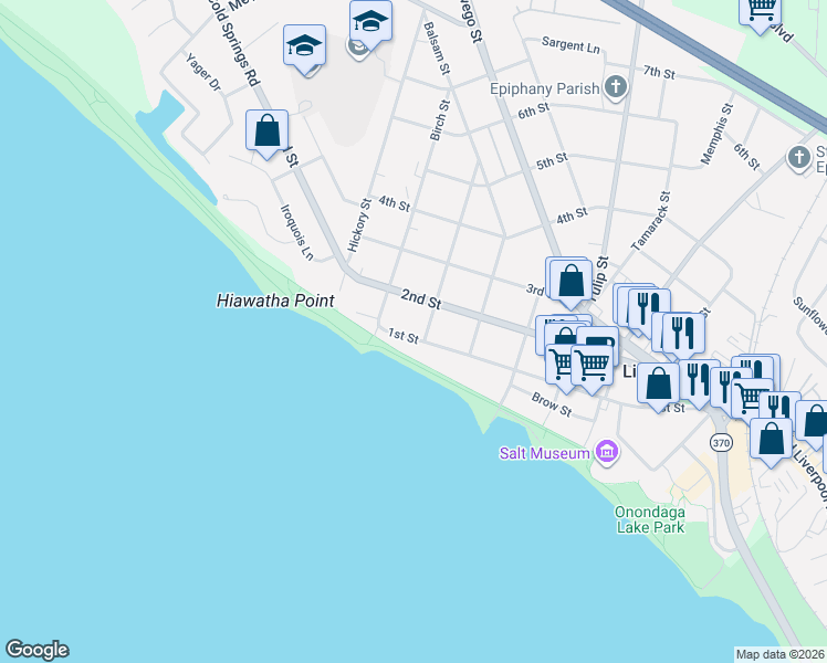 map of restaurants, bars, coffee shops, grocery stores, and more near 710 1st Street in Liverpool