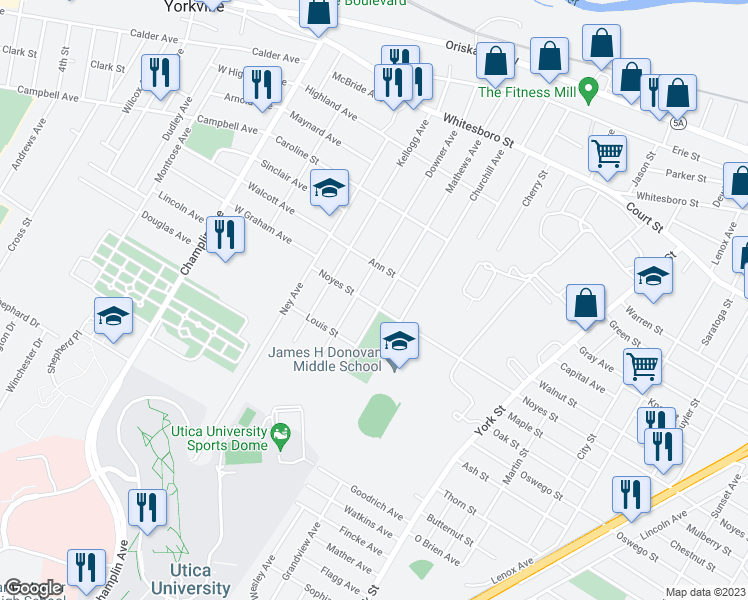 map of restaurants, bars, coffee shops, grocery stores, and more near 1224 Mathews Avenue in Utica