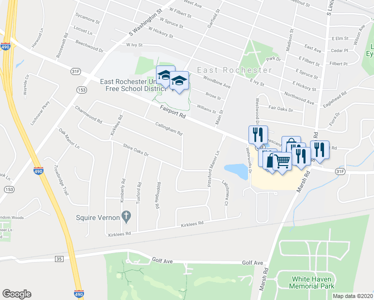 map of restaurants, bars, coffee shops, grocery stores, and more near 57 Callingham Road in Pittsford