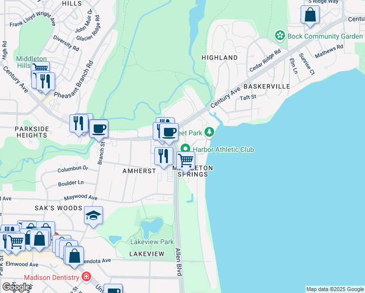 map of restaurants, bars, coffee shops, grocery stores, and more near 2701 Allen Boulevard in Middleton