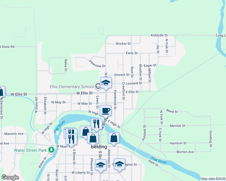 map of restaurants, bars, coffee shops, grocery stores, and more near 122 East Ellis Street in Belding