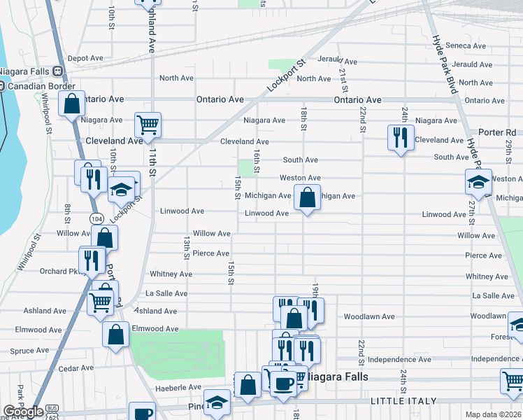map of restaurants, bars, coffee shops, grocery stores, and more near 1600 Linwood Avenue in Niagara Falls