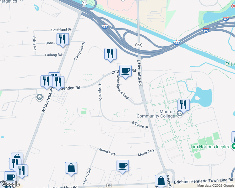 map of restaurants, bars, coffee shops, grocery stores, and more near 300 White Spruce Boulevard in Rochester
