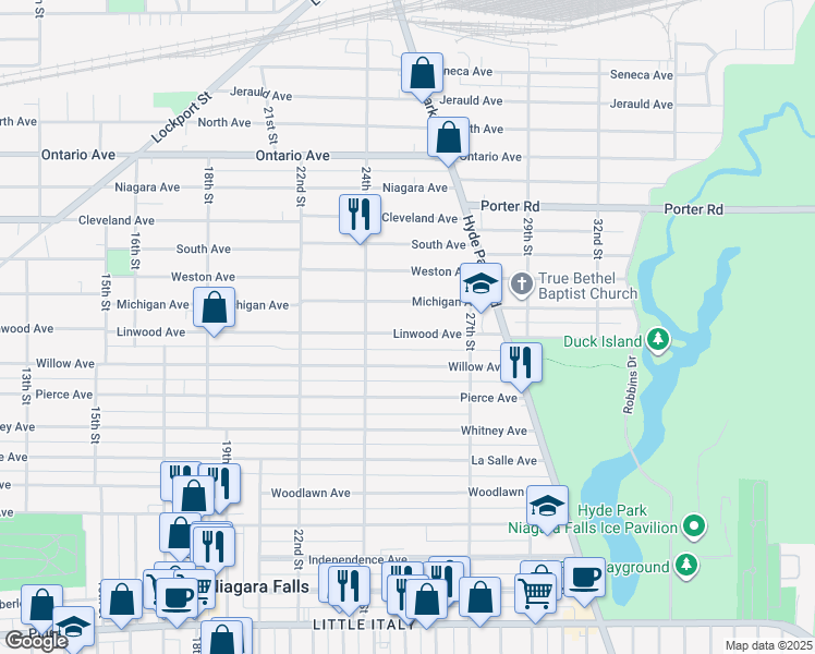map of restaurants, bars, coffee shops, grocery stores, and more near 2433 Michigan Avenue in Niagara Falls